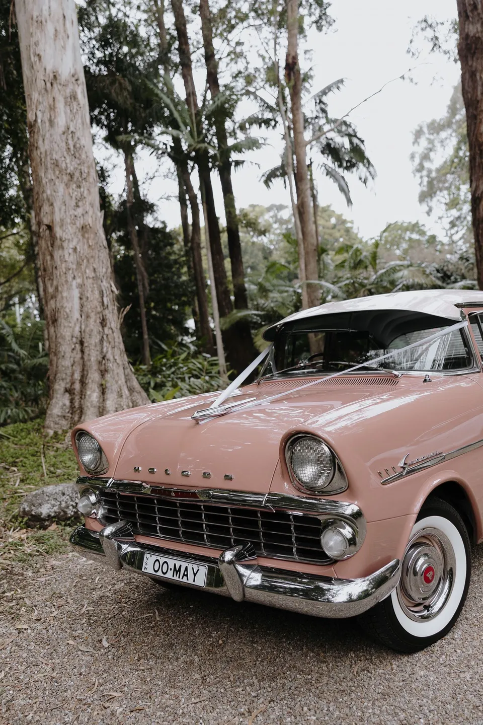 The pink vintage Holden from May The E.K parked among the trees. At Fig Tree Villa in Ewingsdale, Byron Bay, for an Elopement Collective elopement. Photograph by George Bowden.