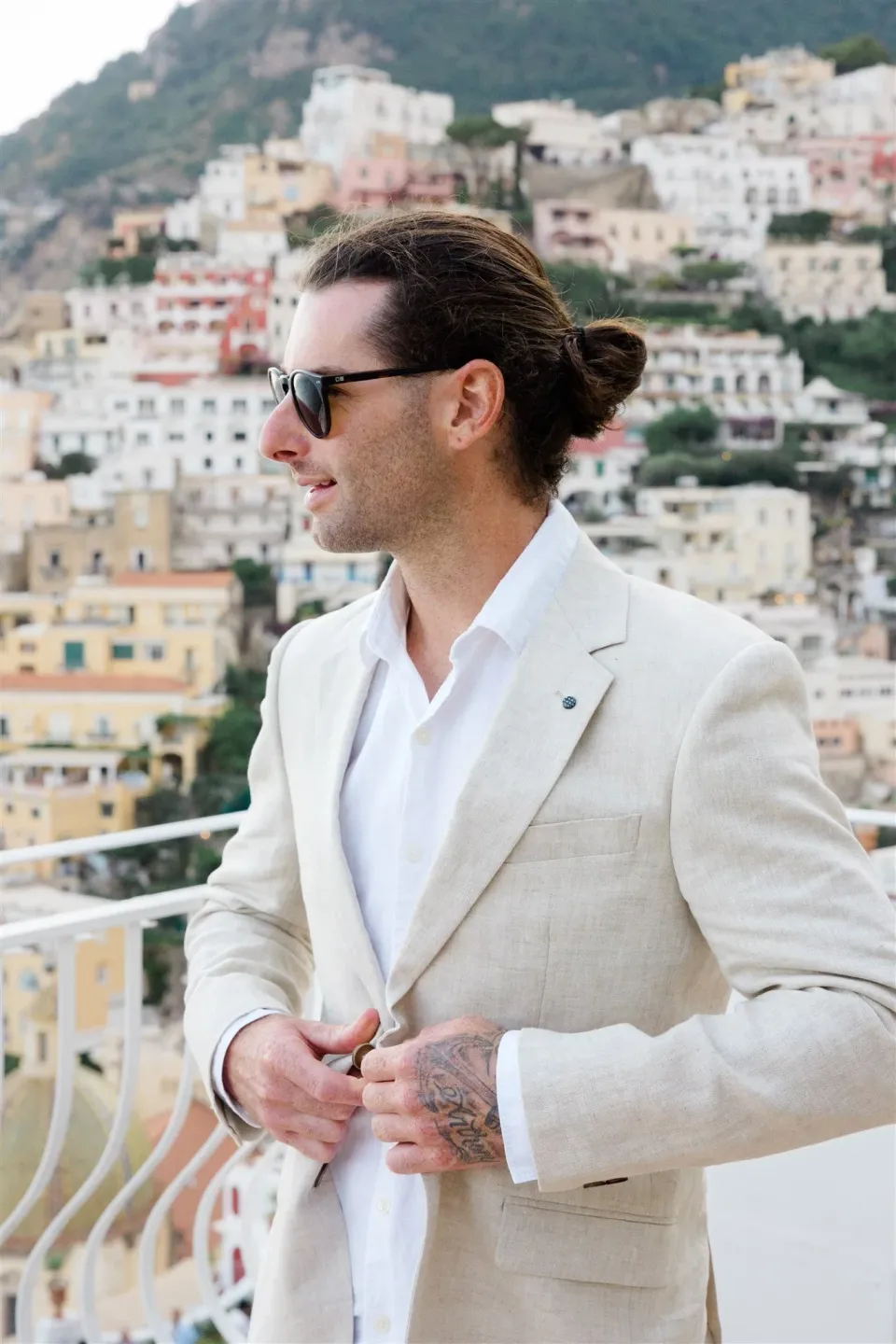 Linen suit worn by Josh for this elopement in Positano