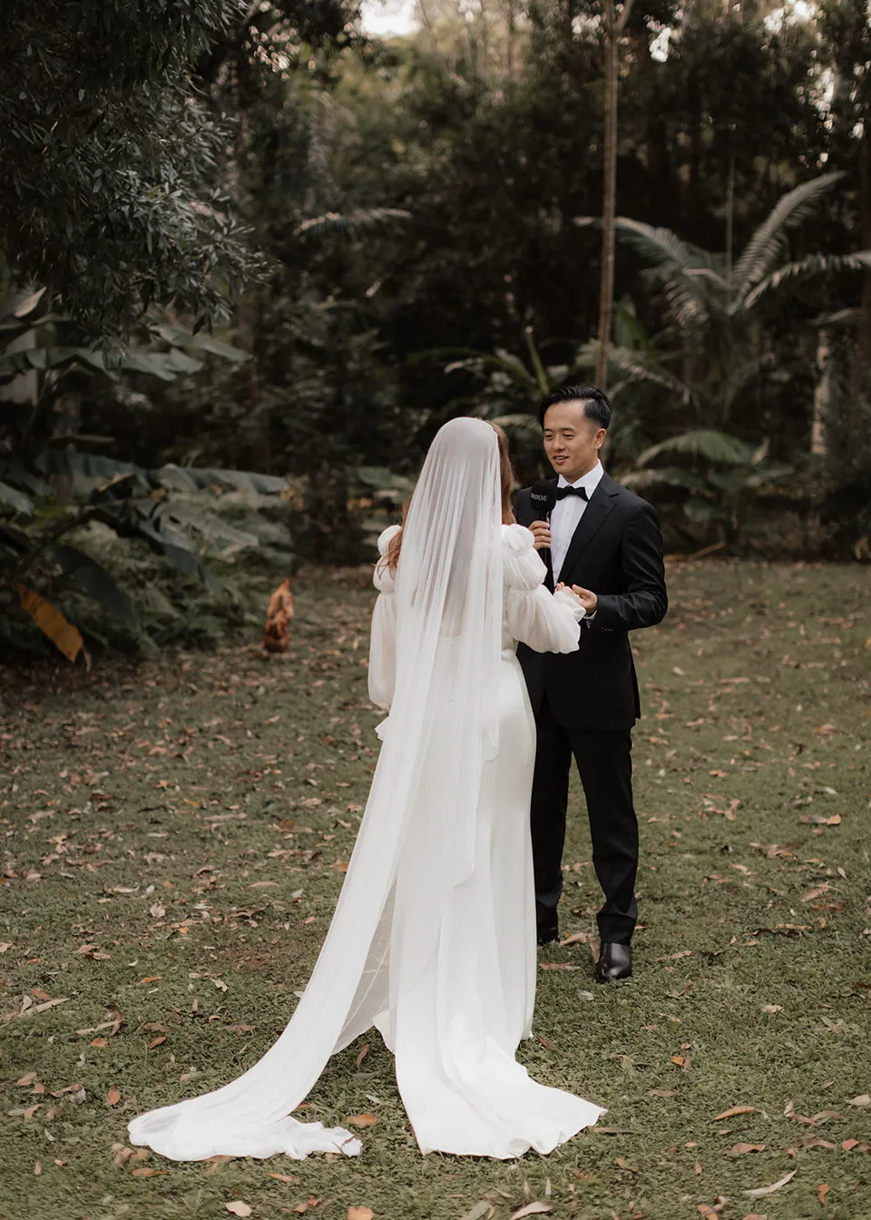 Rear view of Elyse's long veil as Jonathan reads his vows. At Fig Tree Villa in Ewingsdale, Byron Bay, for an Elopement Collective elopement. Photograph by Bulb Creative.