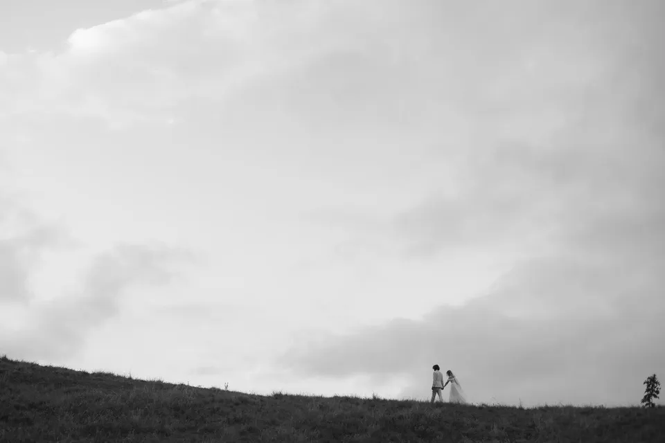 Black-and-white landscape photograph of Bridget and James on a low ridgeline. At Cudgera Creek in northern New South Wales, for an Elopement Collective elopement. Photograph by Bulb Creative.