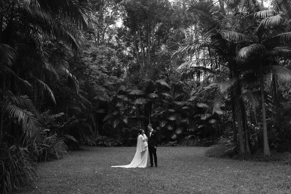 Wide black-and-white portrait of Laura and Matthew beneath towering palms. At Fig Tree Villa in Ewingsdale, Byron Bay, for an Elopement Collective elopement. Photograph by George Bowden.