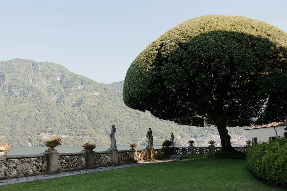 A large sculpted tree with an umbrella-shaped canopy on the lawn at Villa del Balbianello, with cypress trees and the lake beyond, at Lake Como in Lombardy, Italy, for an Elopement Collective elopement. Photograph by George Bowden.