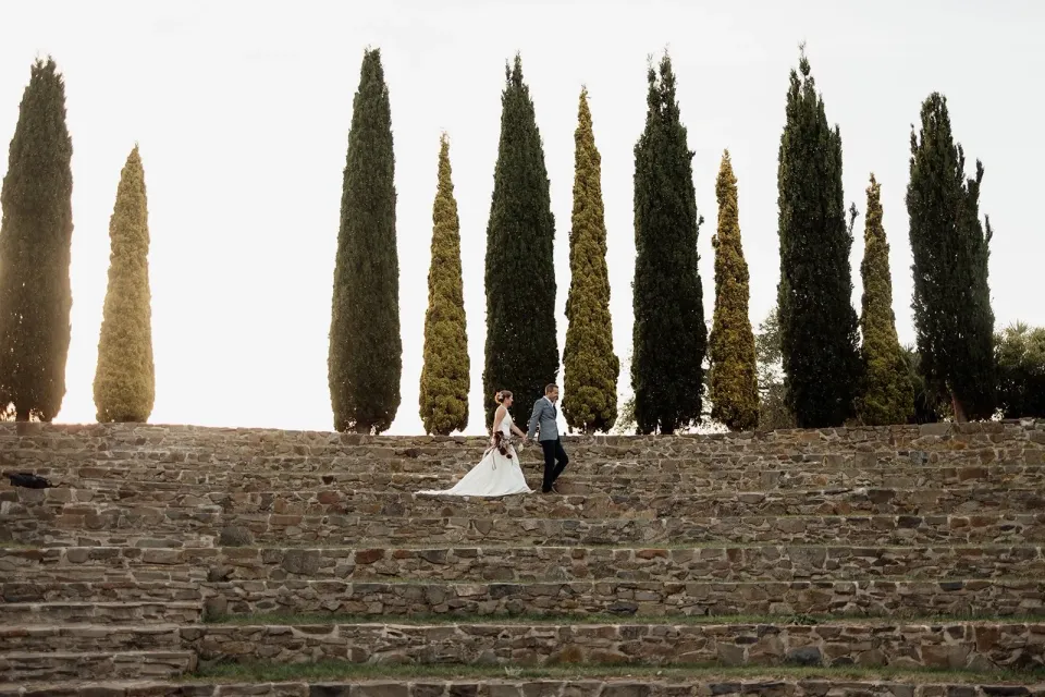 A couple sit on broad stone steps beneath a row of tall, slender trees.