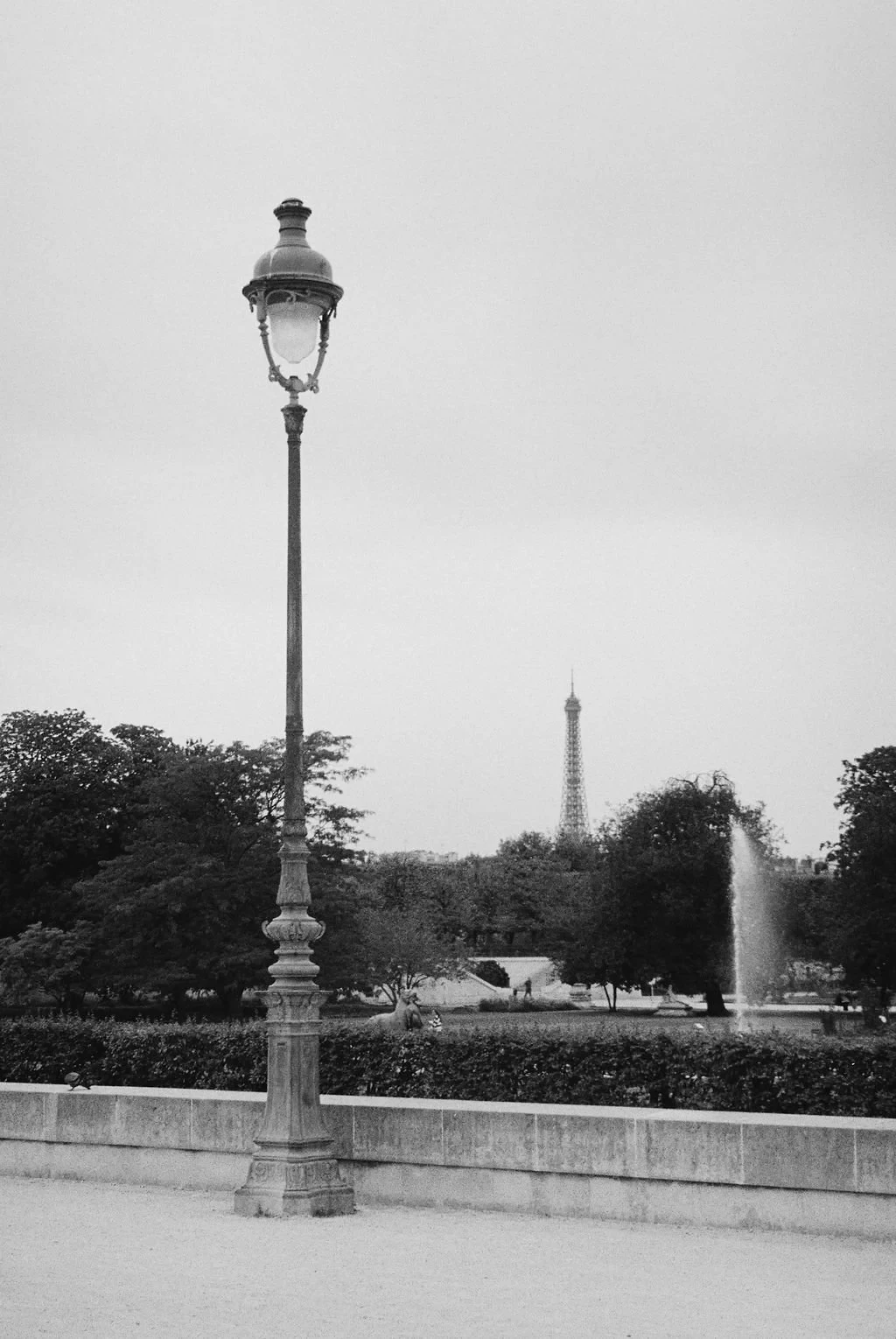 Black and white photo of a vintage streetlamp in a park with the Eiffel Tower in the background.