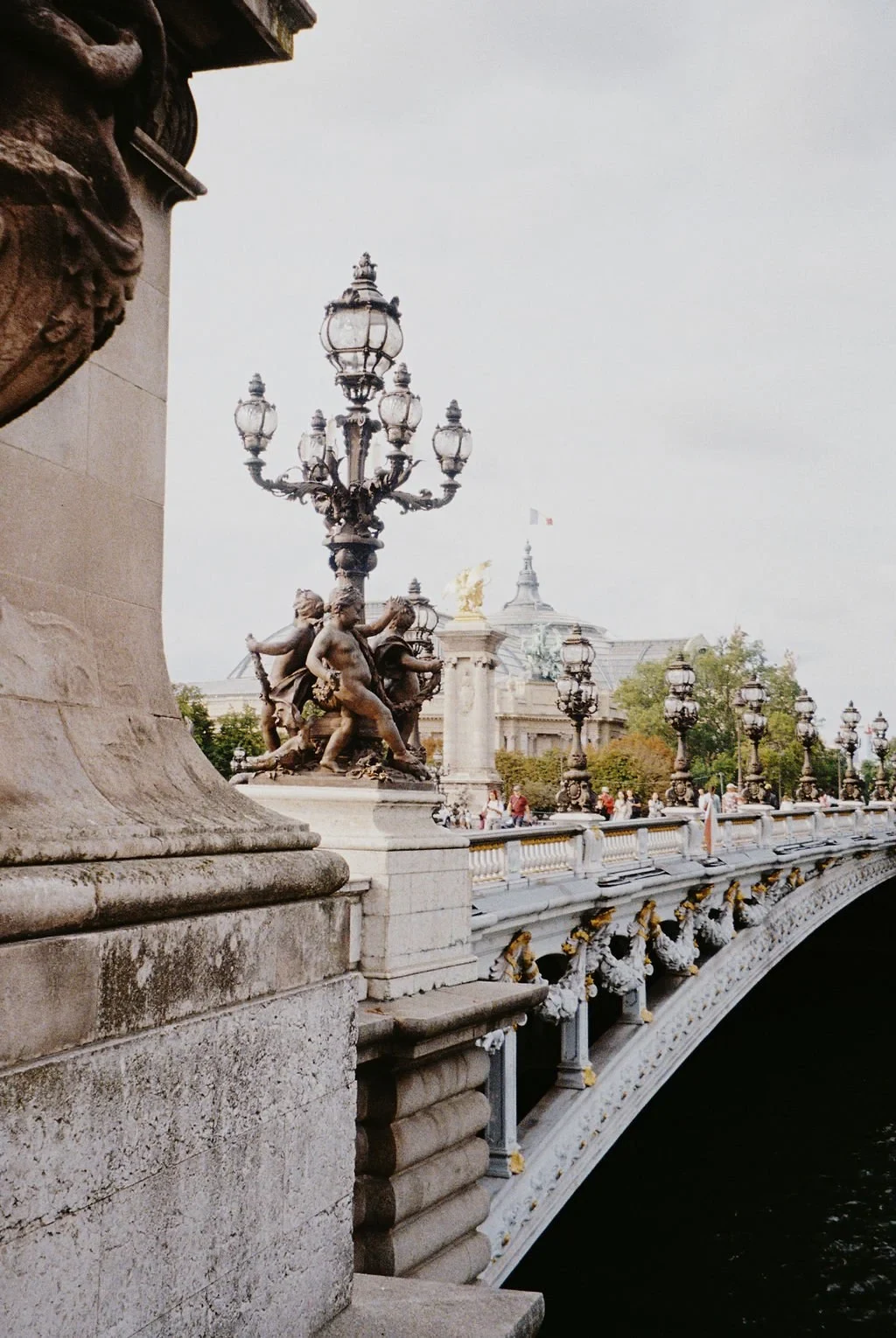 Ornate bridge with decorative lampposts and statues, Parisian architecture in background.