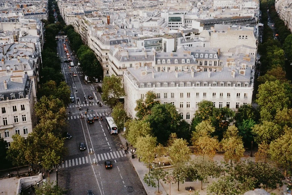 Aerial view of a Parisian street lined with trees and surrounded by traditional Haussmann-style buildings.