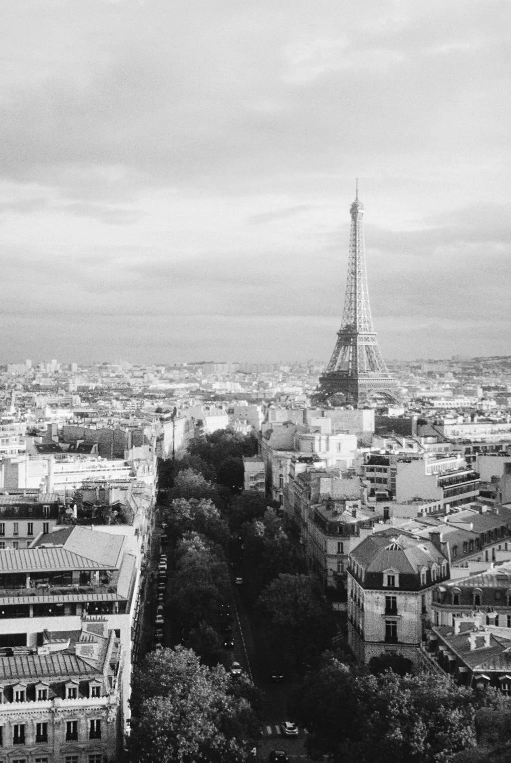 Black and white photo of the Eiffel Tower and surrounding Paris cityscape.