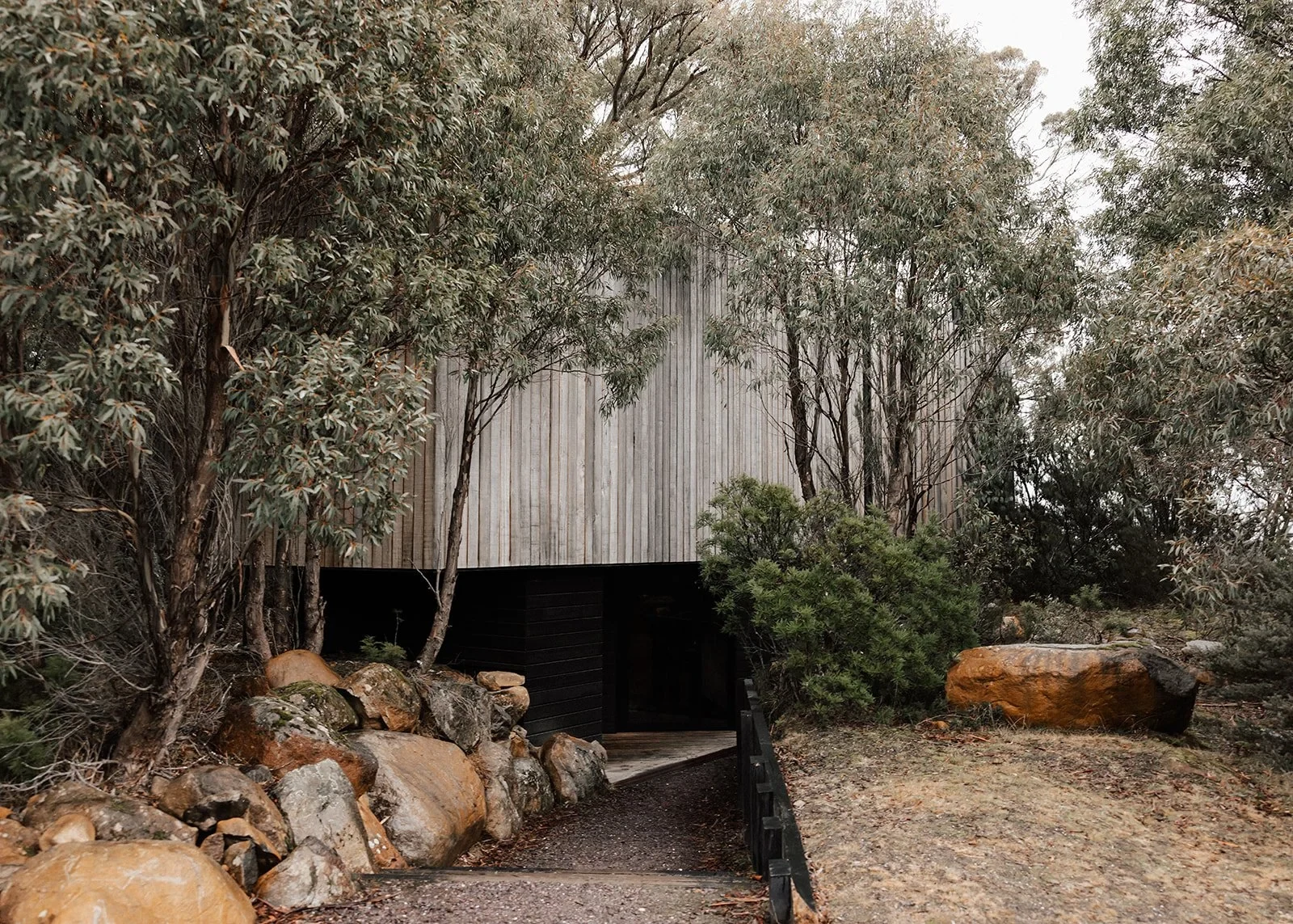 A small timber cabin nestled among trees and boulders, at Pumphouse Point, Lake St Clair, Tasmania, for an Elopement Collective elopement. Photo by Bulb Creative.